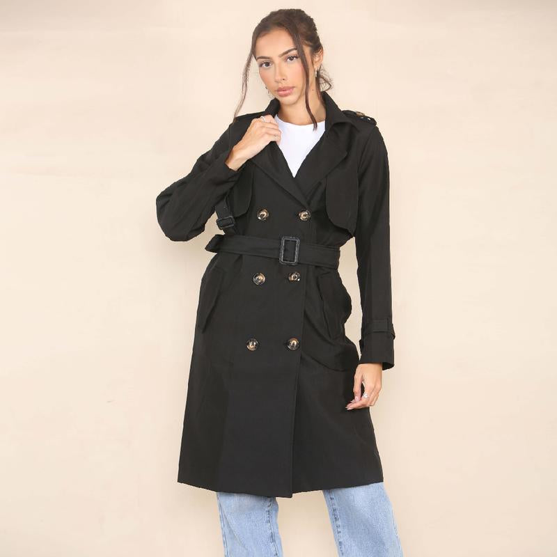 Solid Double Breasted Detachable Trench Coat Fall & Winter