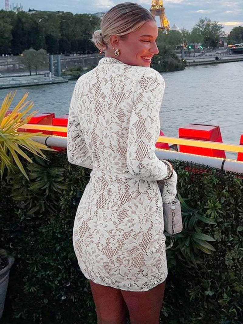 Women'S Lace Cut Out Bodycon Dress, Elegant Fashion Long Sleeve Short Dress for Party Club Holiday, Women Dress for Spring & Fall, Formal Wear