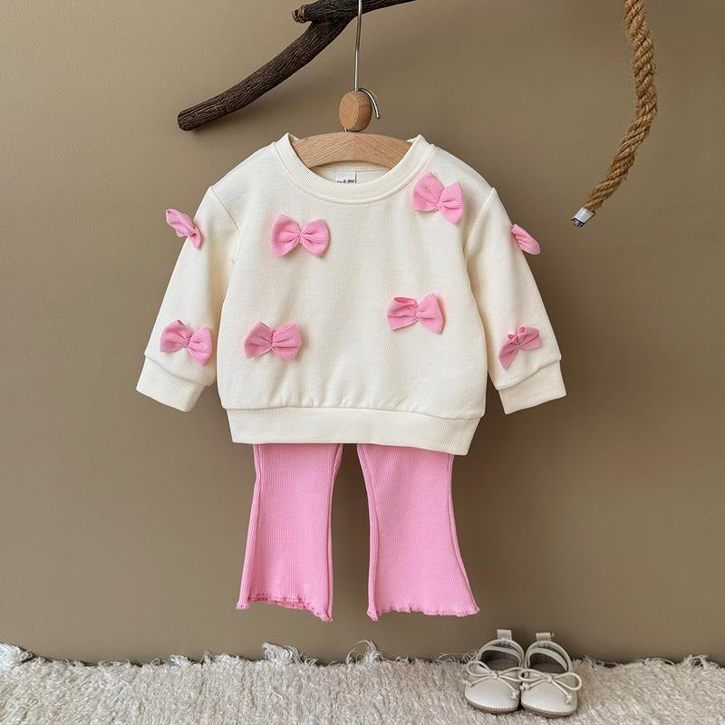 Toddler Baby Girl Clothes Fall Winter Spring 3D Bow Ruffle Long Sleeve Sweatshirt Pink White Striped Elastic Pants Set Infant 2PCS Outfit