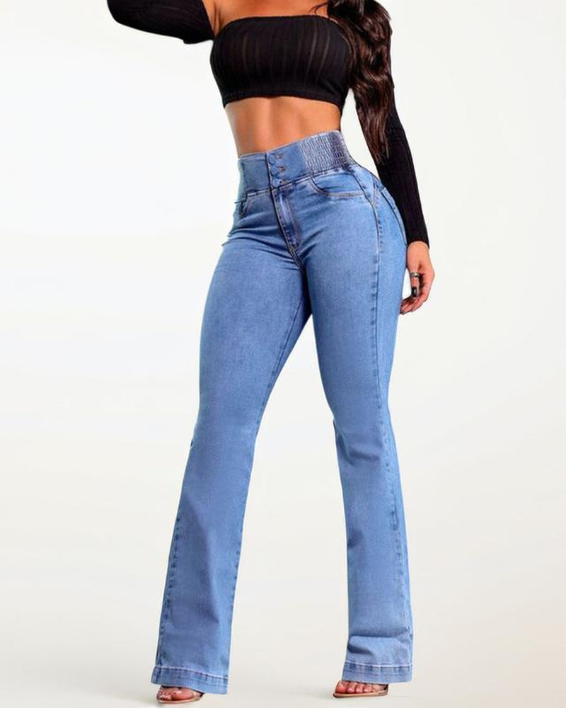 High Waist Stretch Slightly Flared Hip Lift Denim Jeans 