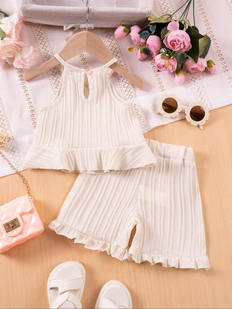 Two-Piece Set Girl'S Solid Crop Cami Top & Shorts, Cute Top & Shorts for Daily Wear, Kids Summer Clothes, Outfit, Baby Clothing