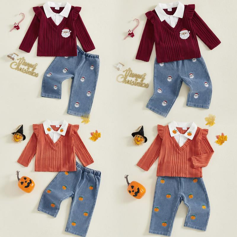Toddler Girl Halloween or Christmas Outfits Patchwork Long Sleeve Lapel Ribbed Pullover + Embroidery Denim Pants
