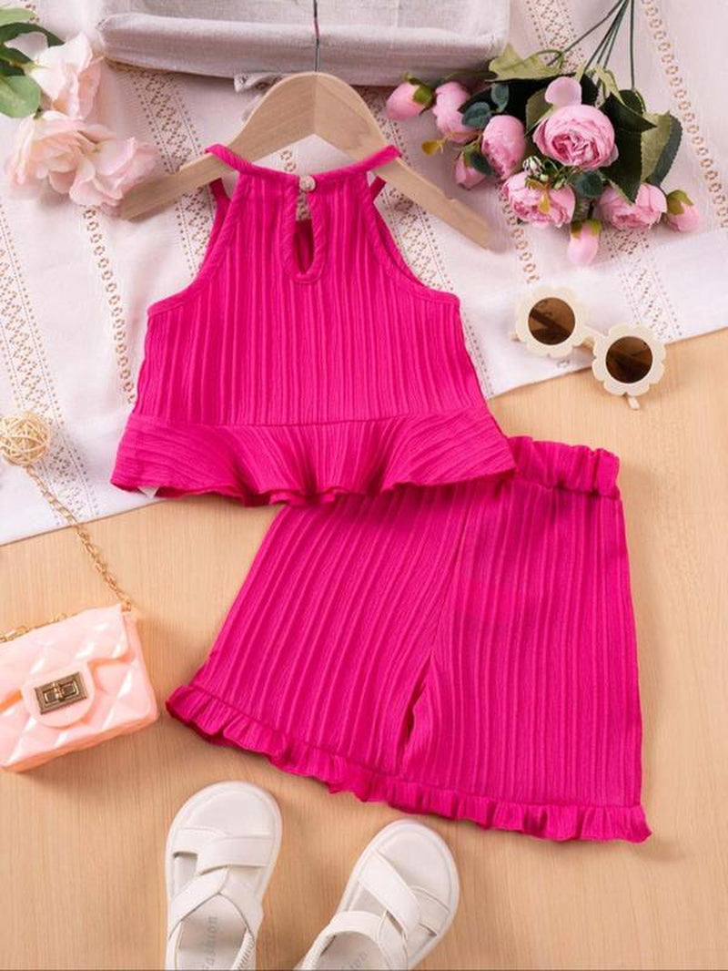 Two-Piece Set Girl'S Solid Crop Cami Top & Shorts, Cute Top & Shorts for Daily Wear, Kids Summer Clothes, Outfit, Baby Clothing