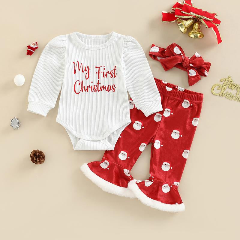 My First Christmas Baby Girl Outfit Long Sleeve Romper + Santa Claus Print Flare Pants + Headband Newborn Clothes Set