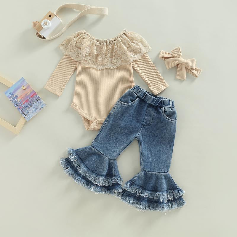 REDWOON Infant Baby Girl Fall Winter Clothes Lace Ribbed Romper Denim Bell Bottoms with Headband Boho Outfit 3Pcs Set