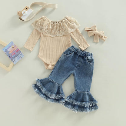 REDWOON Infant Baby Girl Fall Winter Clothes Lace Ribbed Romper Denim Bell Bottoms with Headband Boho Outfit 3Pcs Set