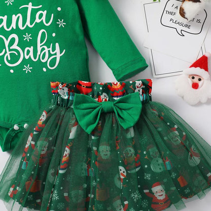 Baby Girls Green Christmas Mesh Dress New Born Santa Baby Romper and Skirt Outfit Clothing Babygirl Clothes Products