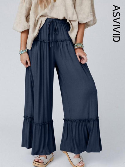 Plain Drawstring Frill Trim Wide Leg Pants