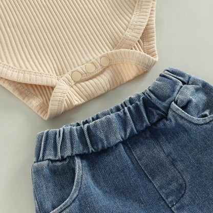 REDWOON Infant Baby Girl Fall Winter Clothes Lace Ribbed Romper Denim Bell Bottoms with Headband Boho Outfit 3Pcs Set