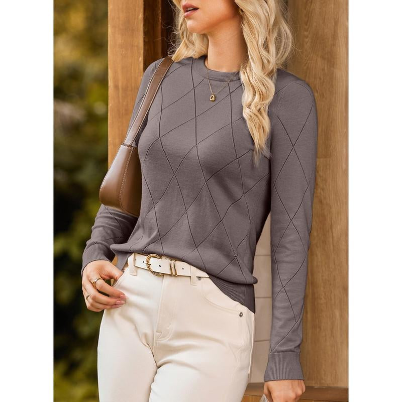 Dokotoo Sweaters for Women Long Sleeve Wool Blend Crewneck Diamond Hollow Out Lightweight Soft Fall Pullover Sweater Tops