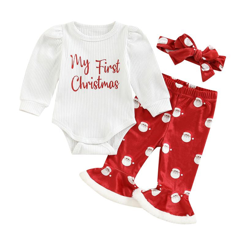 My First Christmas Baby Girl Outfit Long Sleeve Romper + Santa Claus Print Flare Pants + Headband Newborn Clothes Set