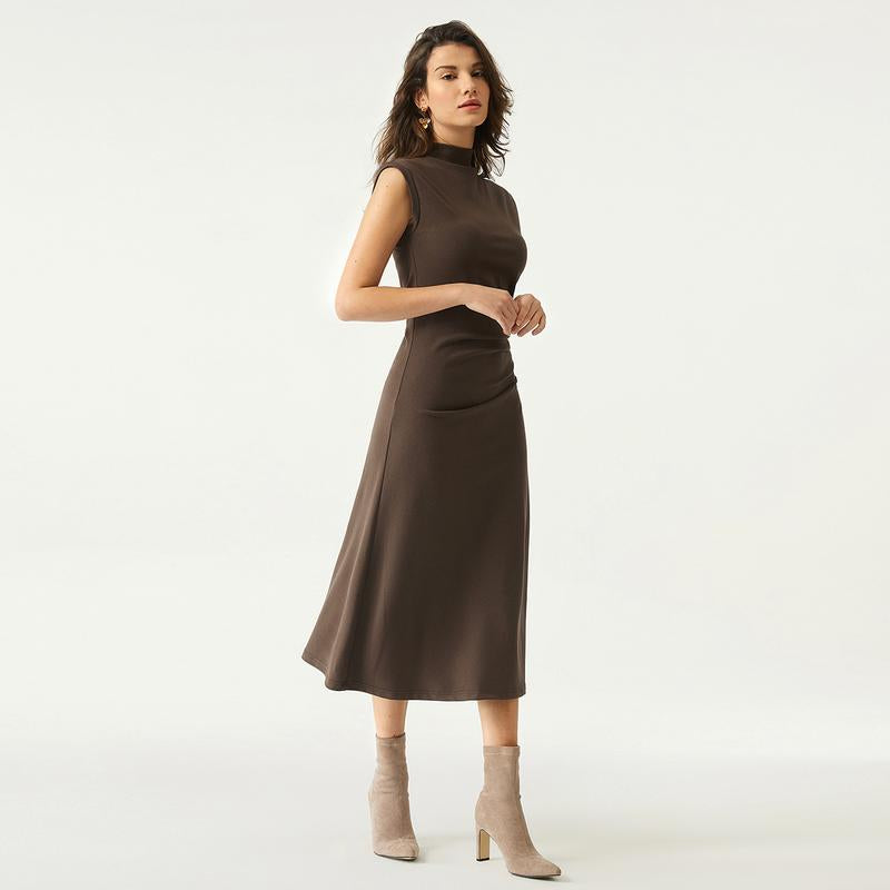  Mockneck Tucks Midi Dress 
