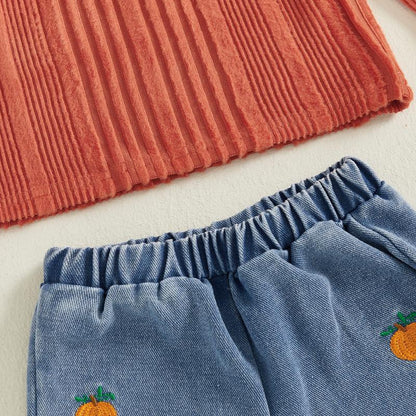 Toddler Girl Halloween or Christmas Outfits Patchwork Long Sleeve Lapel Ribbed Pullover + Embroidery Denim Pants