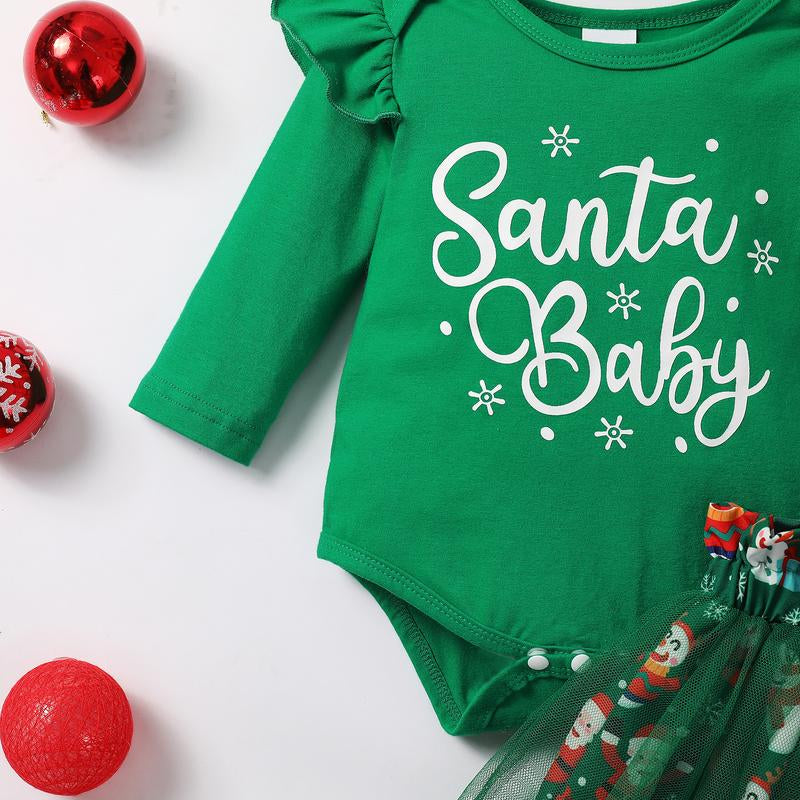 Baby Girls Green Christmas Mesh Dress New Born Santa Baby Romper and Skirt Outfit Clothing Babygirl Clothes Products