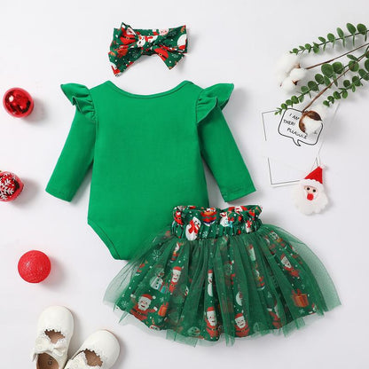 Baby Girls Green Christmas Mesh Dress New Born Santa Baby Romper and Skirt Outfit Clothing Babygirl Clothes Products
