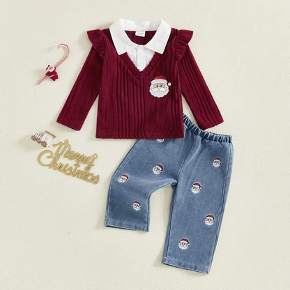 Toddler Girl Halloween or Christmas Outfits Patchwork Long Sleeve Lapel Ribbed Pullover + Embroidery Denim Pants