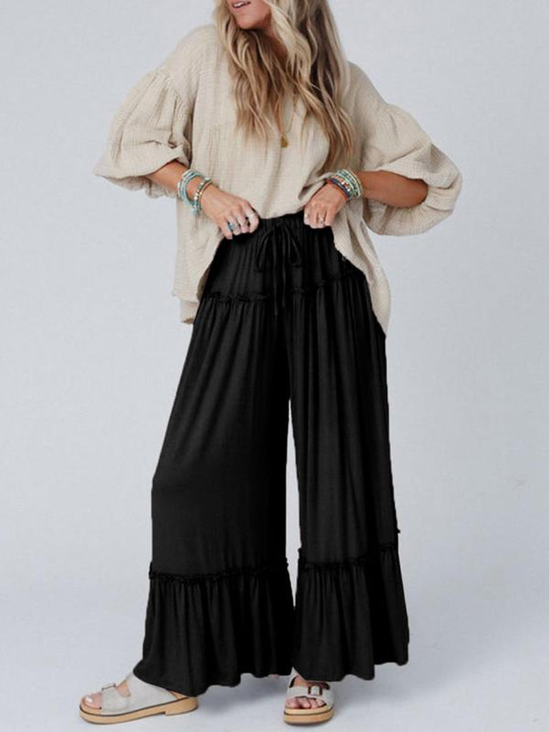 Plain Drawstring Frill Trim Wide Leg Pants