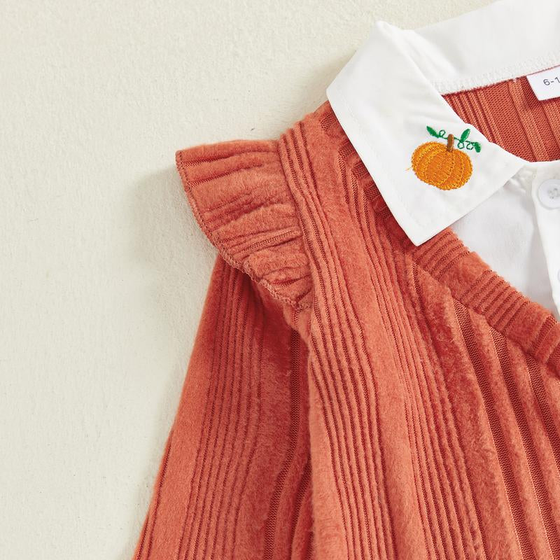 Toddler Girl Halloween or Christmas Outfits Patchwork Long Sleeve Lapel Ribbed Pullover + Embroidery Denim Pants