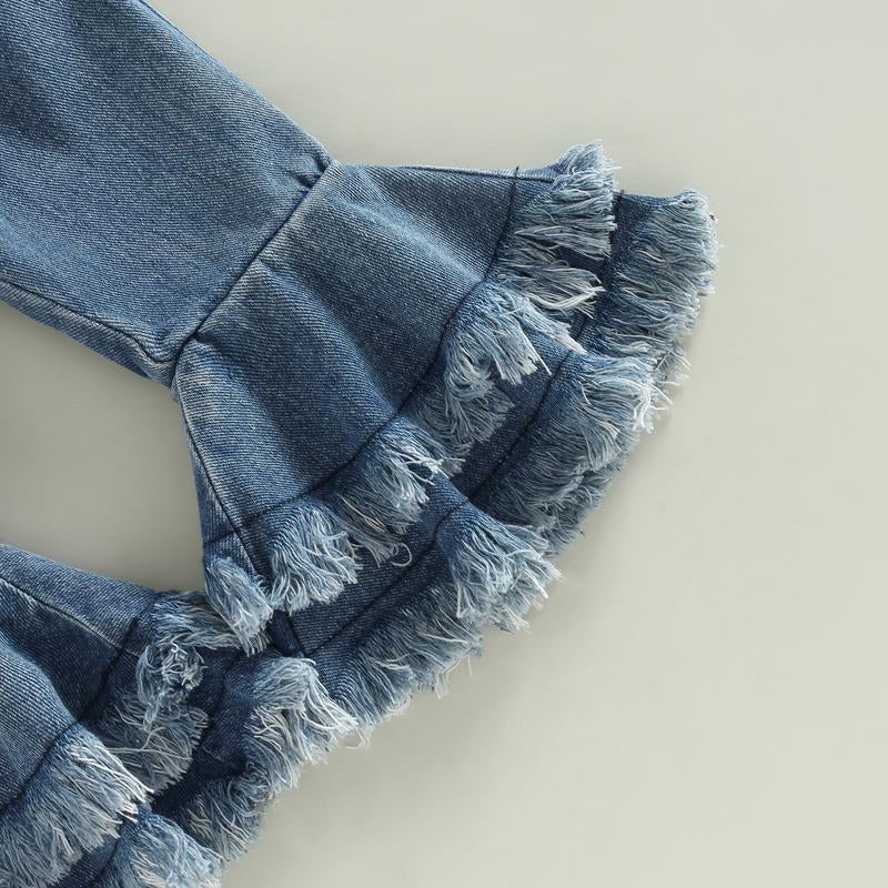 REDWOON Infant Baby Girl Fall Winter Clothes Lace Ribbed Romper Denim Bell Bottoms with Headband Boho Outfit 3Pcs Set