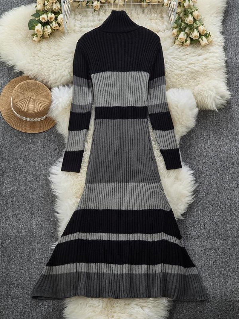 Elegant Women'S Knit Dress, High Neck Long Sleeve Mermaid Tail Design