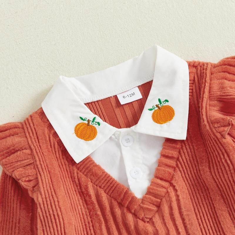 Toddler Girl Halloween or Christmas Outfits Patchwork Long Sleeve Lapel Ribbed Pullover + Embroidery Denim Pants