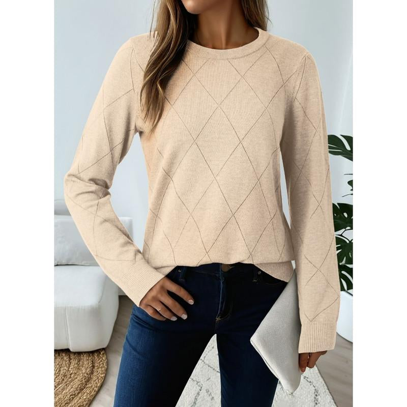 Dokotoo Sweaters for Women Long Sleeve Wool Blend Crewneck Diamond Hollow Out Lightweight Soft Fall Pullover Sweater Tops
