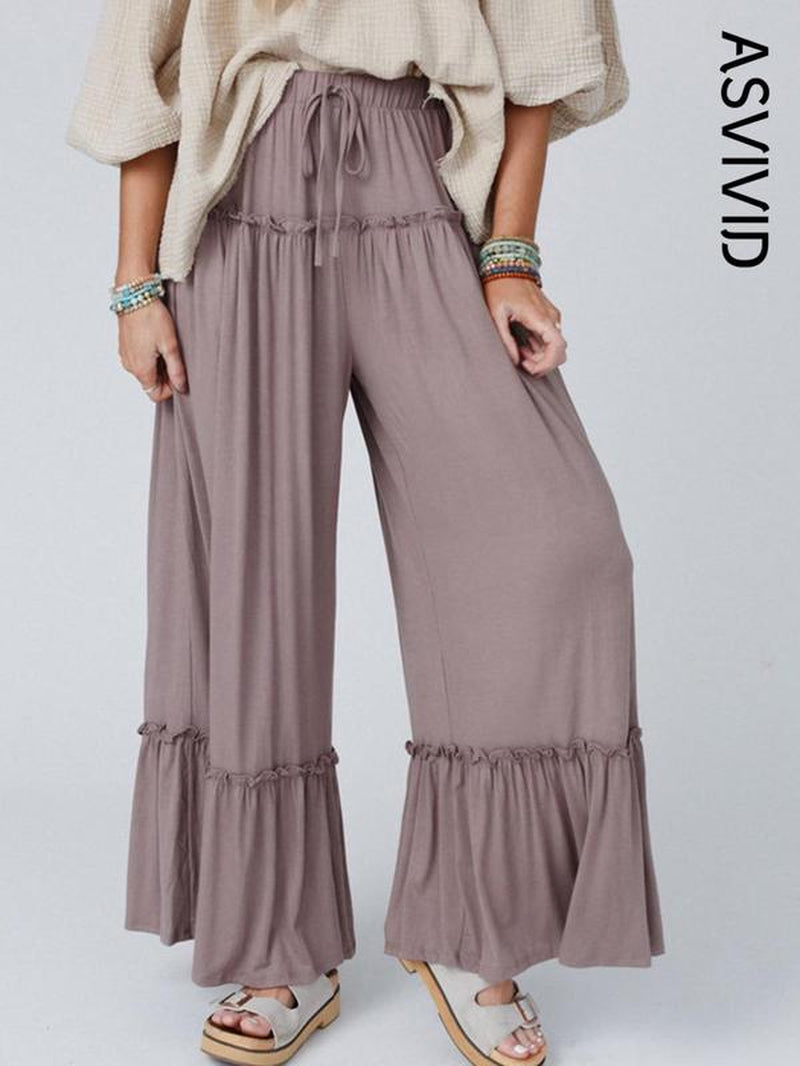 Plain Drawstring Frill Trim Wide Leg Pants