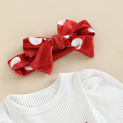My First Christmas Baby Girl Outfit Long Sleeve Romper + Santa Claus Print Flare Pants + Headband Newborn Clothes Set