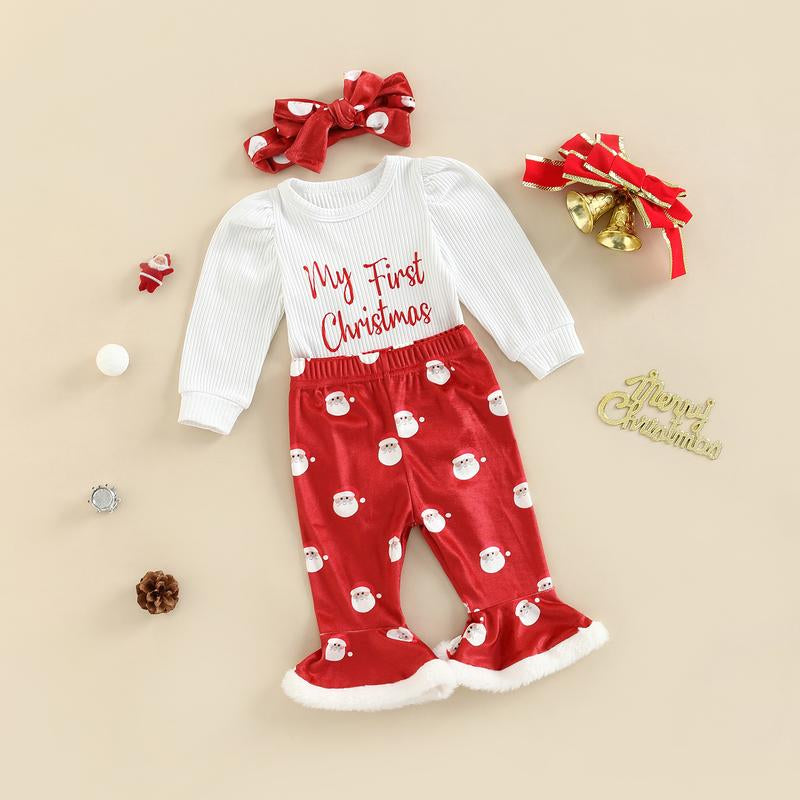 My First Christmas Baby Girl Outfit Long Sleeve Romper + Santa Claus Print Flare Pants + Headband Newborn Clothes Set