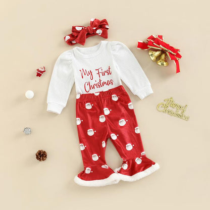 My First Christmas Baby Girl Outfit Long Sleeve Romper + Santa Claus Print Flare Pants + Headband Newborn Clothes Set