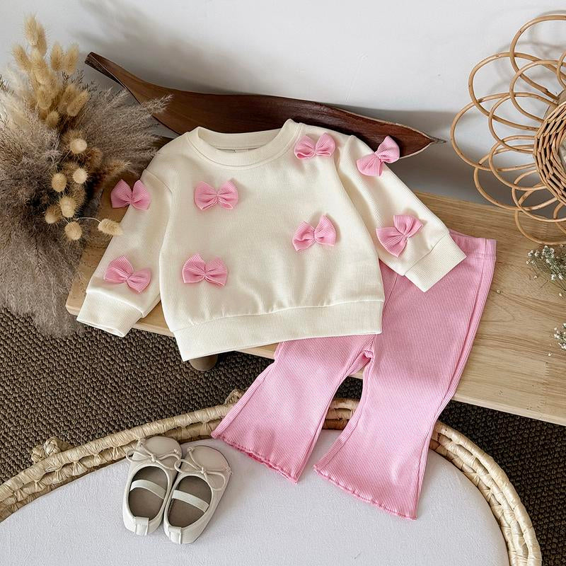 Toddler Baby Girl Clothes Fall Winter Spring 3D Bow Ruffle Long Sleeve Sweatshirt Pink White Striped Elastic Pants Set Infant 2PCS Outfit