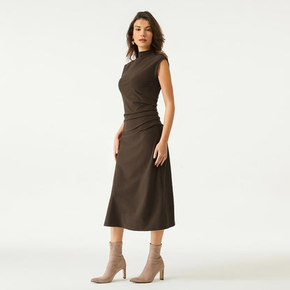  Mockneck Tucks Midi Dress 