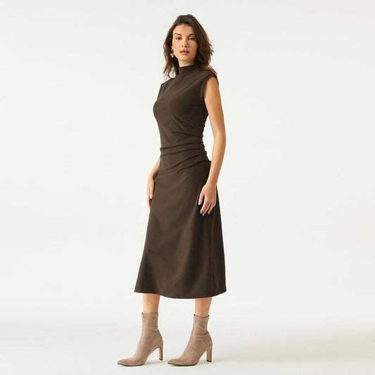  Mockneck Tucks Midi Dress 