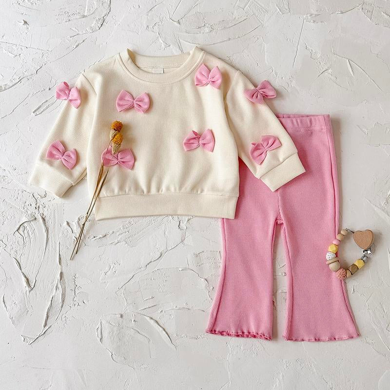 Toddler Baby Girl Clothes Fall Winter Spring 3D Bow Ruffle Long Sleeve Sweatshirt Pink White Striped Elastic Pants Set Infant 2PCS Outfit