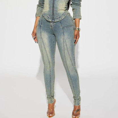 Elengatine Mid Rise Stretch Skinny Jeans - Medium Wash Women'S Vintage Light Wash with Contrast Stitch Fit Bottom Fashionable All Seasons below the Ankle Jeans