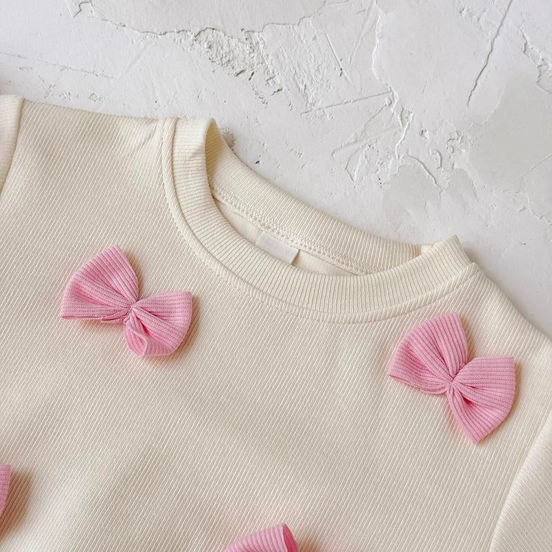 Toddler Baby Girl Clothes Fall Winter Spring 3D Bow Ruffle Long Sleeve Sweatshirt Pink White Striped Elastic Pants Set Infant 2PCS Outfit