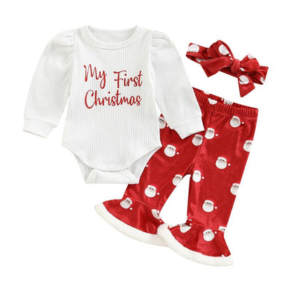 My First Christmas Baby Girl Outfit Long Sleeve Romper + Santa Claus Print Flare Pants + Headband Newborn Clothes Set