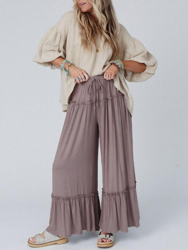 Plain Drawstring Frill Trim Wide Leg Pants