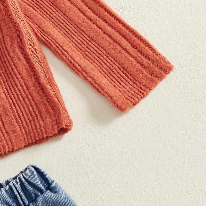 Toddler Girl Halloween or Christmas Outfits Patchwork Long Sleeve Lapel Ribbed Pullover + Embroidery Denim Pants