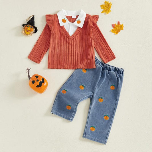 Toddler Girl Halloween or Christmas Outfits Patchwork Long Sleeve Lapel Ribbed Pullover + Embroidery Denim Pants