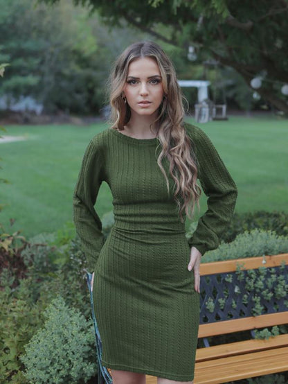 Elegant Knit Dress Long Lantern Sleeve 