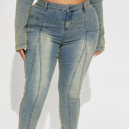 Elengatine Mid Rise Stretch Skinny Jeans - Medium Wash Women'S Vintage Light Wash with Contrast Stitch Fit Bottom Fashionable All Seasons below the Ankle Jeans