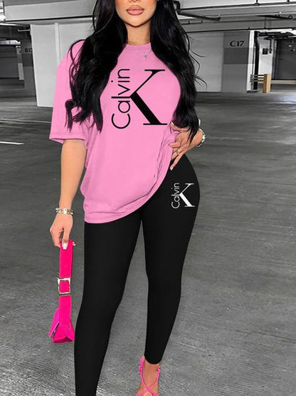 Women'S Casual Letter Print Short Sleeve Top + Long Pants Set, Fitted Thin Fabric, All Seasons Outdoor Home Sports