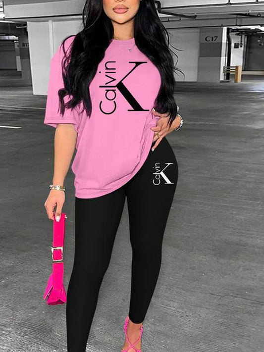 Women'S Casual Letter Print Short Sleeve Top + Long Pants Set, Fitted Thin Fabric, All Seasons Outdoor Home Sports