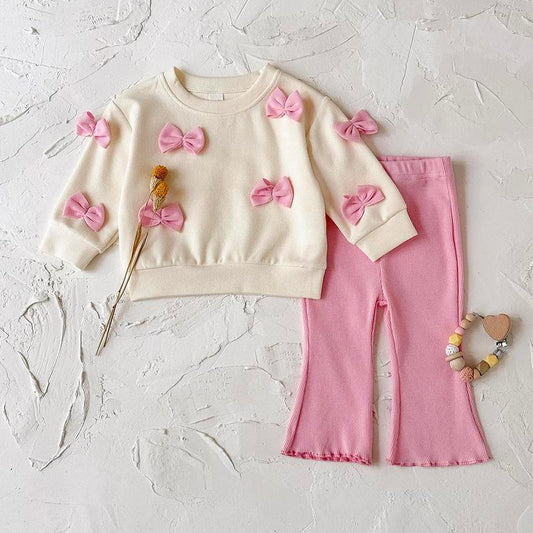 Toddler Baby Girl Clothes Fall Winter Spring 3D Bow Ruffle Long Sleeve Sweatshirt Pink White Striped Elastic Pants Set Infant 2PCS Outfit