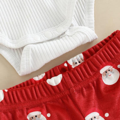 My First Christmas Baby Girl Outfit Long Sleeve Romper + Santa Claus Print Flare Pants + Headband Newborn Clothes Set