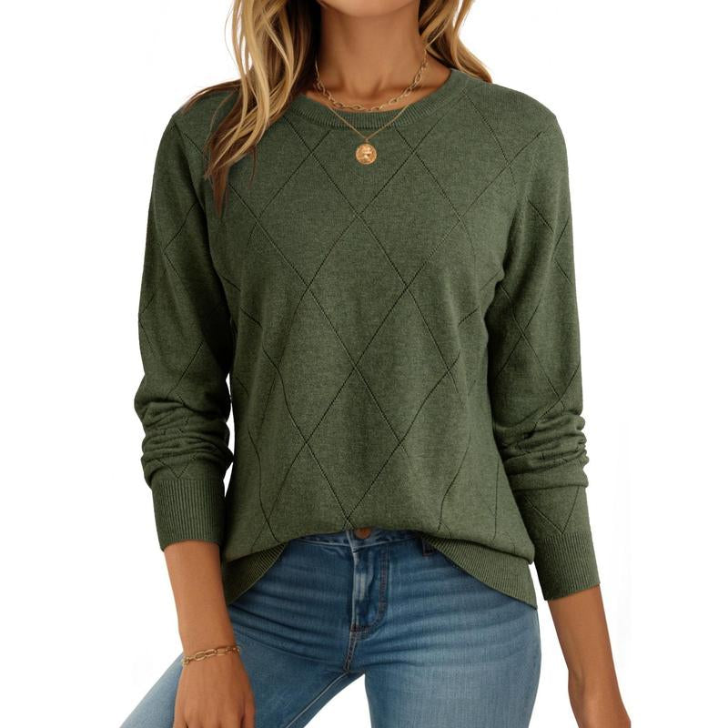 Dokotoo Sweaters for Women Long Sleeve Wool Blend Crewneck Diamond Hollow Out Lightweight Soft Fall Pullover Sweater Tops