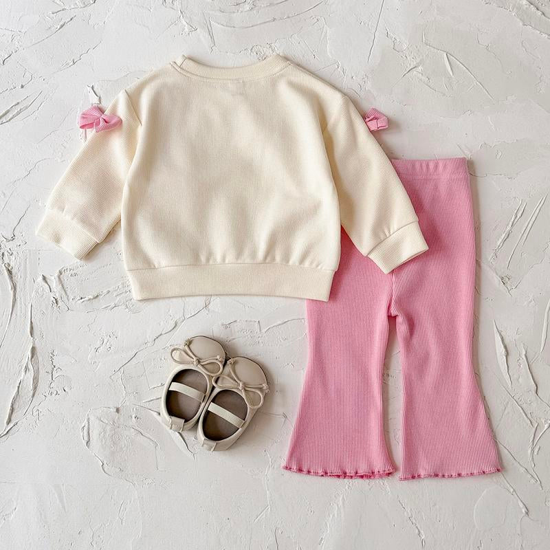 Toddler Baby Girl Clothes Fall Winter Spring 3D Bow Ruffle Long Sleeve Sweatshirt Pink White Striped Elastic Pants Set Infant 2PCS Outfit