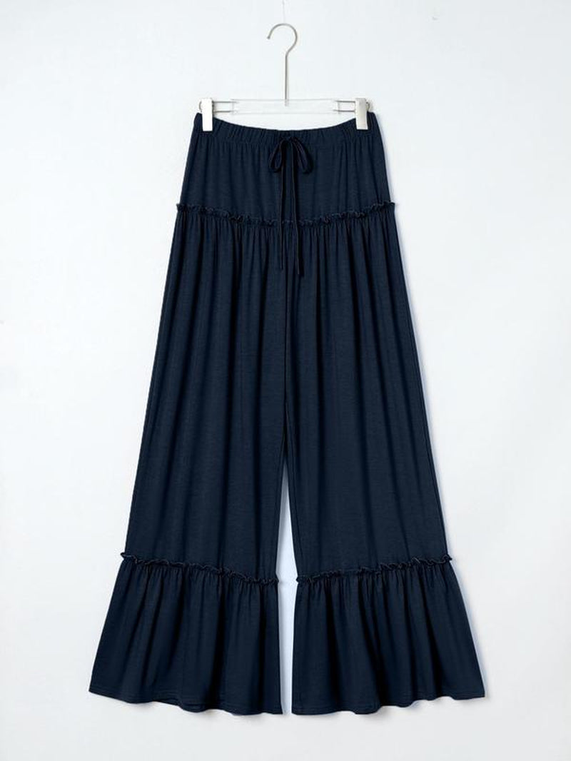 Plain Drawstring Frill Trim Wide Leg Pants