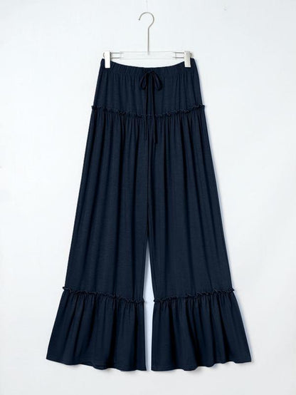Plain Drawstring Frill Trim Wide Leg Pants
